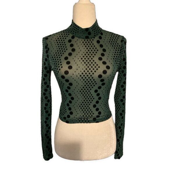 Shein Green Black Dot Velvet Mock Neck Long Sleeve Sheer Crop Top 2 Xs - Picture 1 of 5